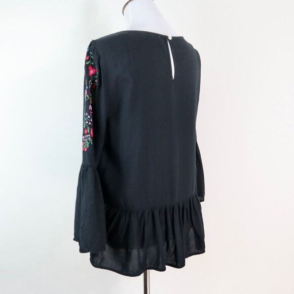 Beach Lunch Lounge Size M Embroidered 3/4 Bell Sleeve Blouse Black - Picture 5 of 9